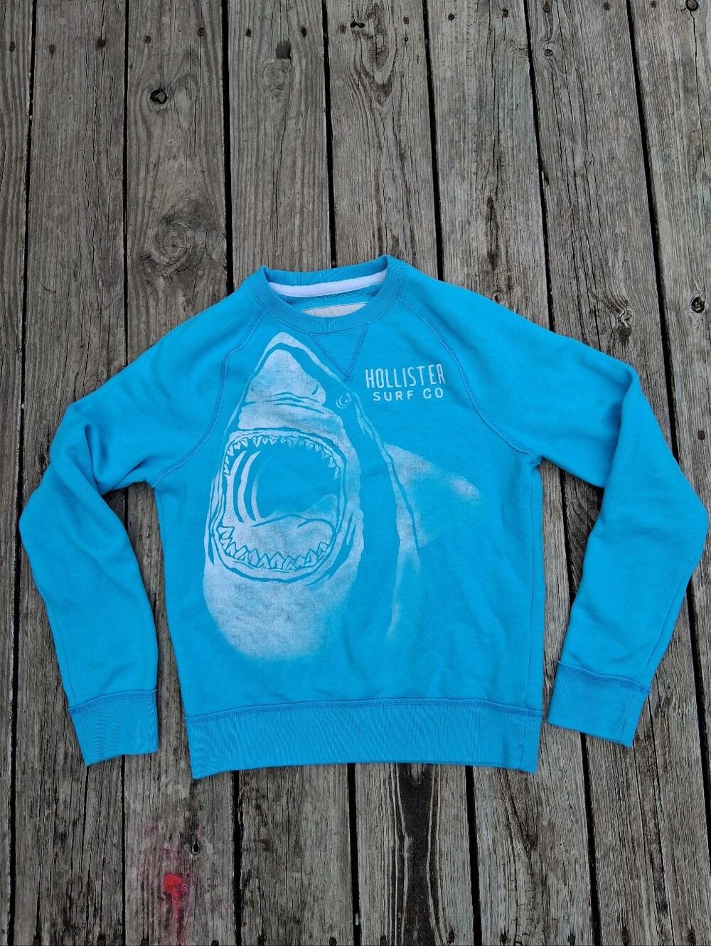 Y2K Hollister Shark Sweater Medium Blue All Over Print Surf Co Embroidered